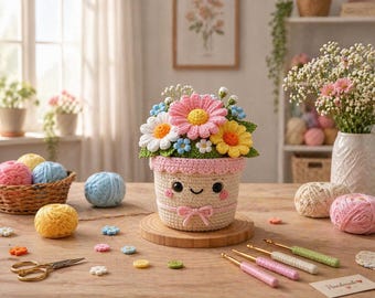 May include: A handmade crochet flower pot with a smiling face, filled with colourful crocheted flowers. The scene includes balls of yarn, crochet hooks, and decorative buttons on a wooden table, suggesting a craft project.