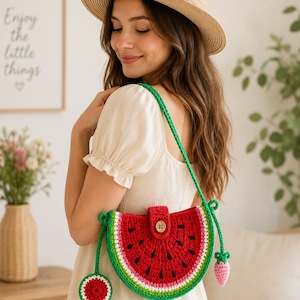 Modello PDF per borsa a tracolla a forma di anguria all'uncinetto, borsa da frutta, borsetta estiva (download digitale)