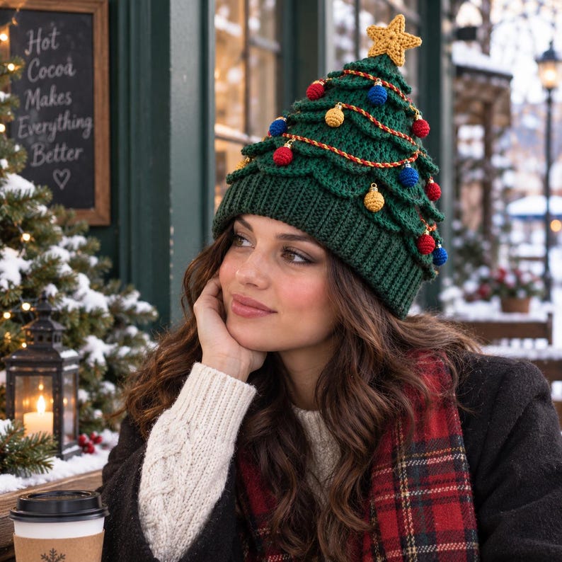 May include: A dark green crocheted beanie shaped like a Christmas tree, featuring a ribbed brim, layered branches, small red and yellow spherical ornaments, a gold-colored garland, and a yellow crocheted star topper on the crown.