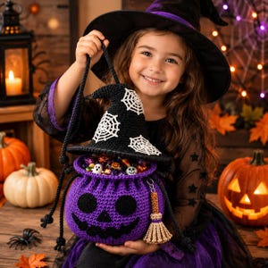 May include: A purple crocheted pumpkin-shaped treat bag with a black jack-o'-lantern face and a matching black witch hat lid featuring white spiderweb embroidery. The bag includes black rope handles and a small beige crocheted broomstick charm.