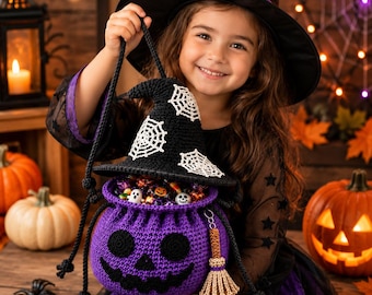 May include: A purple crocheted pumpkin-shaped treat bag with a black jack-o'-lantern face and a matching black witch hat lid featuring white spiderweb embroidery. The bag includes black rope handles and a small beige crocheted broomstick charm.