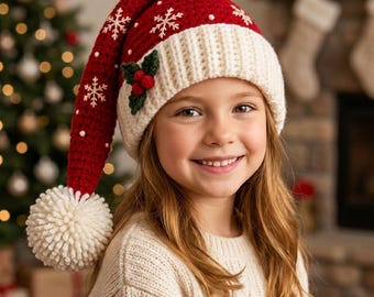 May include: A red and white crocheted hat featuring a long, pointed design with a large white pom-pom at the tip. The hat is decorated with white snowflake patterns, small white dots, and a green holly leaf with red berries on the side.