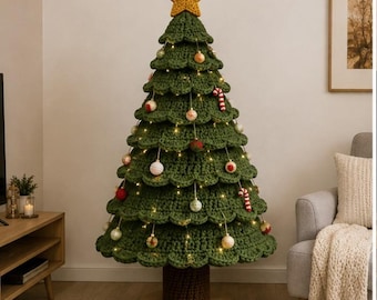 May include: A large, cone-shaped, crocheted Christmas tree in dark green yarn, featuring a textured, scalloped-edge design. The tree is topped with a yellow crocheted star and decorated with small, round, multi-colored ornaments and candy canes.