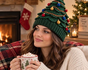 May include: A dark green crocheted beanie shaped like a Christmas tree, featuring a ribbed brim, layered branches, small red and blue spherical ornaments, a gold-coloured garland, and a yellow crocheted star topper at the very peak of the hat.