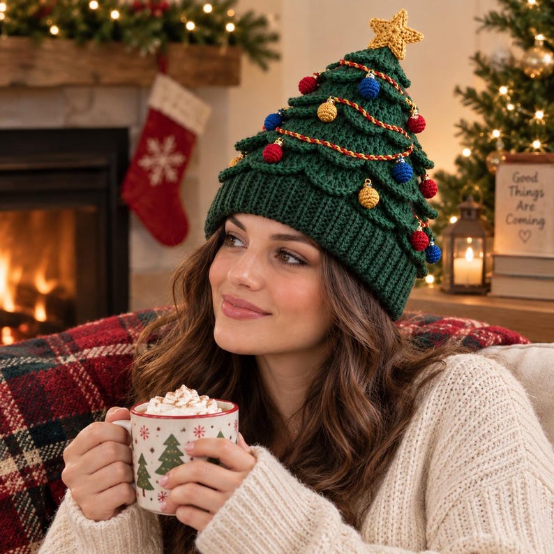 May include: A dark green crocheted beanie shaped like a Christmas tree, featuring a ribbed brim, layered branches, small red and blue spherical ornaments, a gold-colored garland, and a yellow crocheted star topper at the very peak of the hat.
