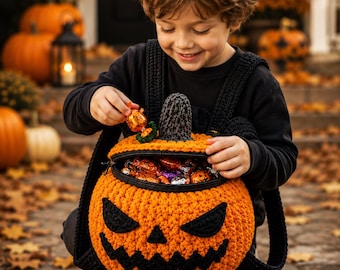 May include: A crocheted pumpkin-shaped backpack in bright orange with a black jack-o'-lantern face, featuring a black stem on top, black shoulder straps, and a zippered opening filled with various colourful wrapped sweets for Halloween.
