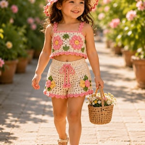 Crochet Baby Summer Set Pattern PDF | Ruffle Top & Daisy Shorts with Sun Hat | Toddler Girl Outfit 2–4 Years | Floral Crochet Pattern