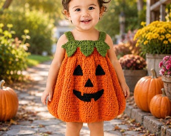 May include: A crochet pumpkin outfit consisting of a sleeveless orange dress with a black jack-o'-lantern face, green leaf-shaped straps, a matching orange headband with a green stem and leaf, and orange shoes with green accents.