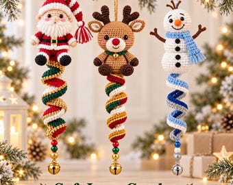 May include: Three hanging crochet ornaments featuring a Santa Claus, a reindeer, and a snowman. Each figure sits atop a spiralling, multi-coloured yarn tail ending in decorative beads and a metal bell. The text Soft Loop Crochet is at the bottom.