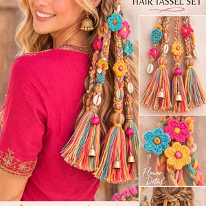 May include: Colorful braided hair tassel set with vibrant yarn braids, adorned with crochet flowers, beads, and bells. The set includes multiple tassels with a variety of colors, perfect for adding a unique touch to any hairstyle.