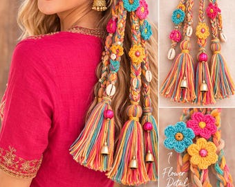 May include: A colourful braided hair tassel set featuring yarn braids, crochet flowers, beads, and bells. The set includes multiple tassels with a variety of colours, ideal for adding a unique touch to any hairstyle.