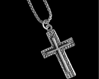 MENS Sterling Silver Textured Cross Pendant Necklace