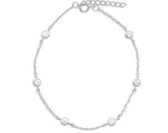 ANKLET 9" + 1" Extension Rhodium Plated Sterling Silver 6 Bezel Set CZ Cubic Zirconia Crystals