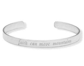 Religious Sterling Silver Engraved "faith can move mountains" Cuff Bracelet