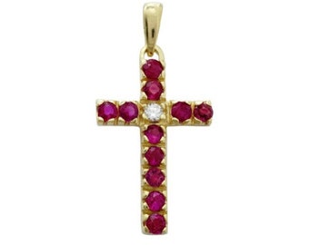 Religious 14K Yellow Gold Classic Cross Pendant with Genuine Diamond and Red Ruby Stones .
