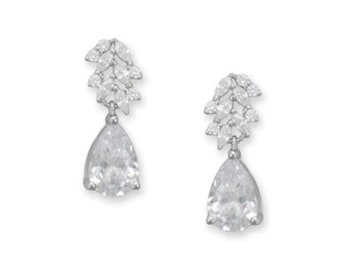 Rhodium Plated Sterling Silver CZ Cluster Pear Drop Earrings