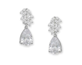 Rhodium Plated Sterling Silver CZ Cluster Pear Drop Earrings