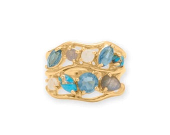14 Karat Gold Plated Blue Multi Stone Cluster Ring