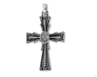 Religious Sterling Silver Moonstone Gemstone and Dot Detailed Cross Pendant