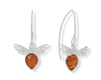 Genuine Baltic Amber Gemstone Honey Bee Drop Wire Earrings - 925 Sterling Silver