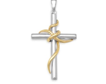 Religious Rhodium and 14 Karat Gold Plated Cross Pendant Necklace - 925 Sterling Silver