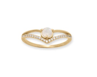 14 Karat Gold Plated CZ and Rainbow Moonstone "V" Ring