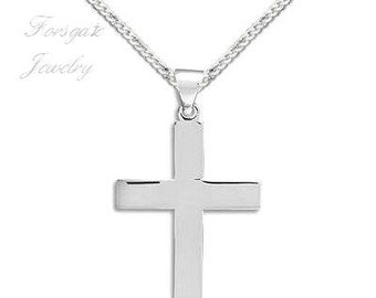 ENGRAVABLE Religious Sterling Silver MENS and Women's Plain Cross Pendant 3mm Necklace Set - 16 18 20 22 24 30 inches.