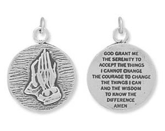 Serenity Prayer Reversible Charm Pendant with Praying Hands - 925 Sterling Silver