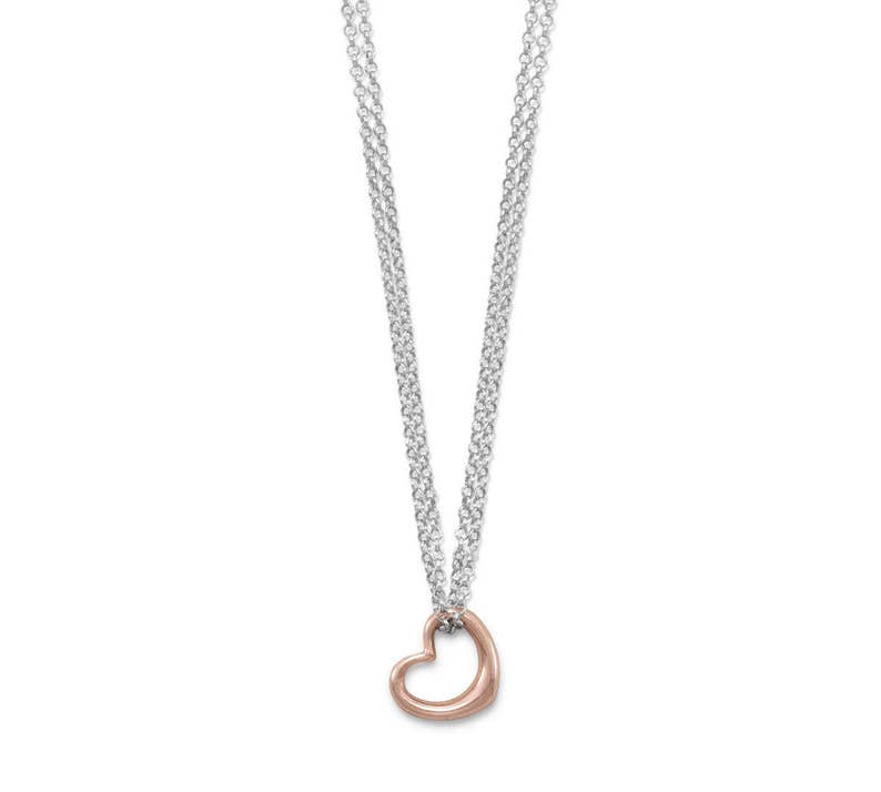 Rhodium Plated Sterling Silver and 14K Rose Gold SS Two Tone Double Stand Open HEART Necklace or Matching Bracelet