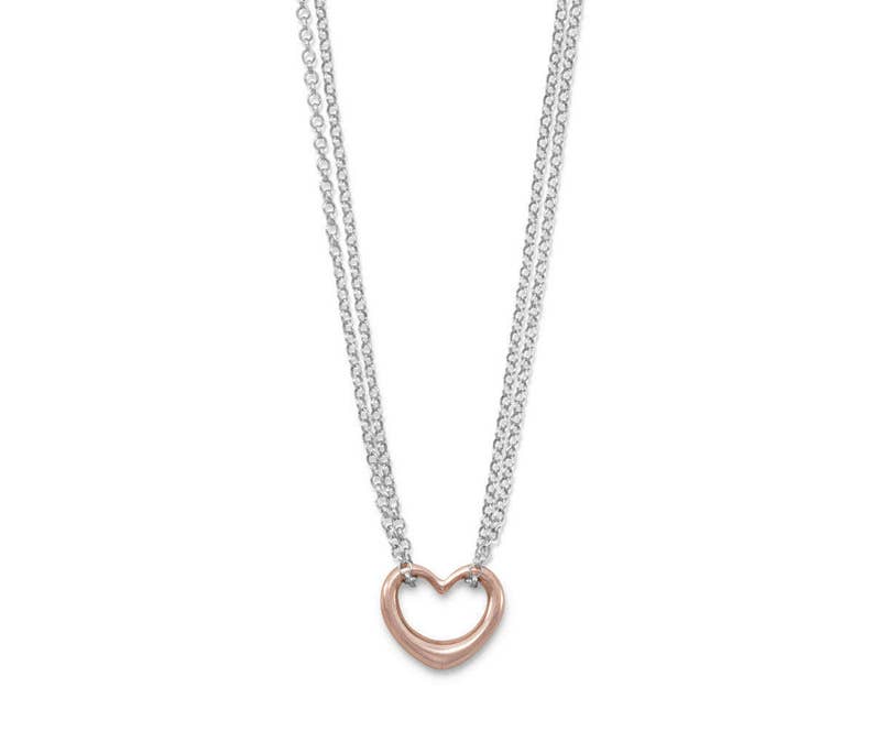 Rhodium Plated Sterling Silver and 14K Rose Gold SS Two Tone Double Stand Open HEART Necklace or Matching Bracelet
