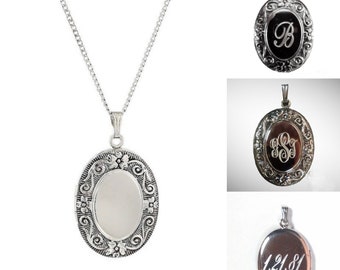 Sterling Silver High Quality Large Engravable Vintage Style Oxidized Oval Locket Pendant with Chain Necklace