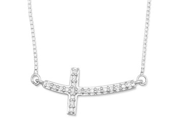 18 - 20 inch Rhodium Plated Sterling Silver Curved  SIDEWAY CROSS Necklace with DIAMONDS