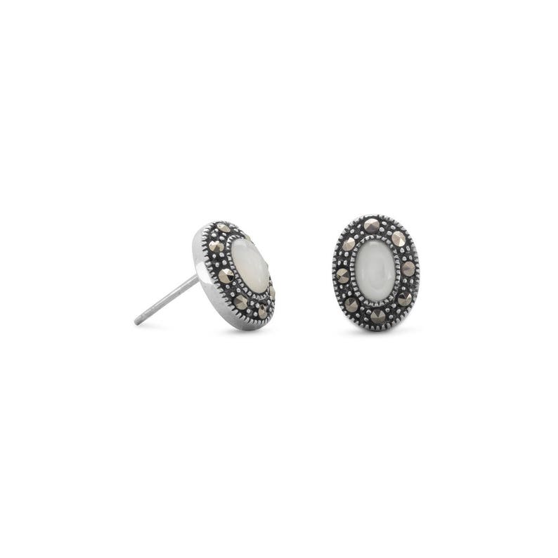 Marcasite Sterling Silver and Shell Post Stud Earrings