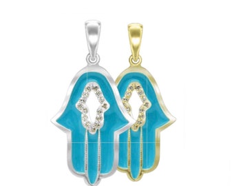 Religious Sterling Silver Hamsa Pendant With Blue Enamel and Cubic Zirconia (33 X 18 MM) - Optional Chain