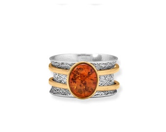 Two Tone Genuine Baltic Amber and Sterling Silver Statement Ring