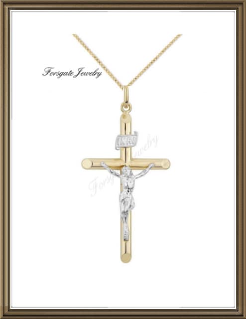 Solid 14k Gold Cross Pendant - Two-Tone Yellow Gold INRI Crucifix Charm With Bail (1.60 Inch)