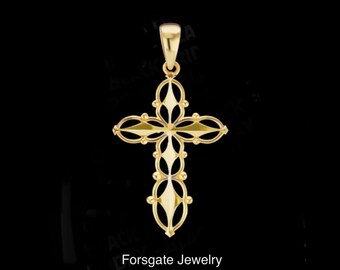 Religious 14K Gold Filigree Cross Pendant with Beaded Design