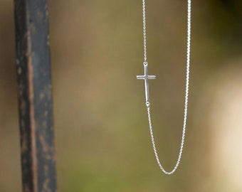 Religious 16” + 2” Sterling Silver Necklace with Off Center Cross