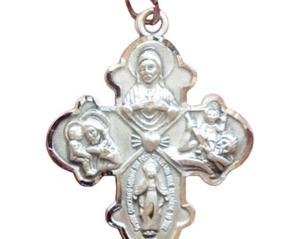 Religious Rhodium Plated FOUR WAY Cross Catholic Miraculous Medallion Pendant - 925 Sterling Silver