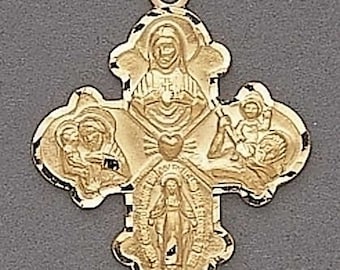 14K Karat Gold Filled Religious FOUR WAY CROSS Catholic Miraculous Medallion Pendant