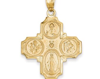 Religious 14K Yellow Gold Four Way Cross Catholic Miraculous Medallion Pendant