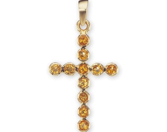 40% OFF SALE- Religious 14K Yellow Gold Bezel Set Cross Pendant with Genuine Citrine Stones