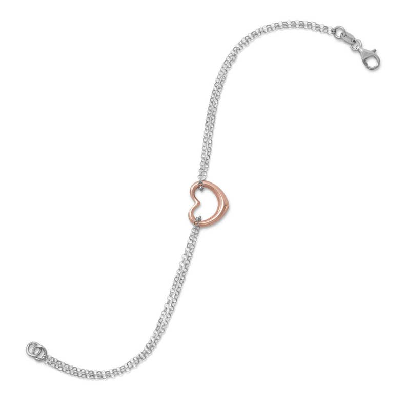 Rhodium Plated Sterling Silver and 14K Rose Gold SS Two Tone Double Stand Open HEART Necklace or Matching Bracelet