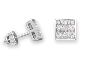 MEN'S Rhodium Plated Square Pave CZ Stud Post Earrings - 925 Sterling Silver