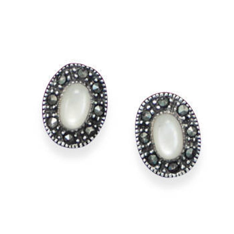 Marcasite Sterling Silver and Shell Post Stud Earrings