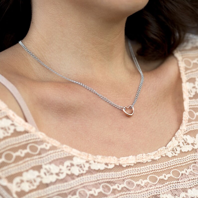 Rhodium Plated Sterling Silver and 14K Rose Gold SS Two Tone Double Stand Open HEART Necklace or Matching Bracelet