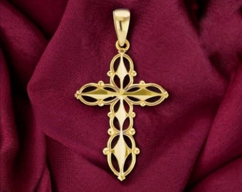 Religious 14K Gold Filigree Cross Pendant with Beaded Design