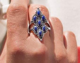 Vintage Inspired Ornate Oxidized Lapis Gemstone Statement Ring - 925 Sterling Silver