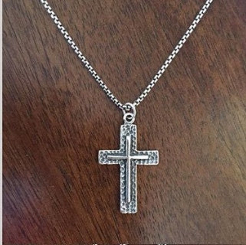 MENS Sterling Silver Textured Cross Pendant Necklace