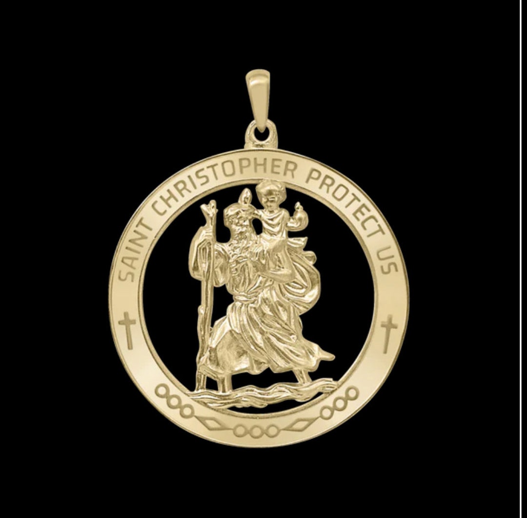 14K Solid Gold Round Religious Saint Christopher Medallion 1 1/4 INCH 1 ...